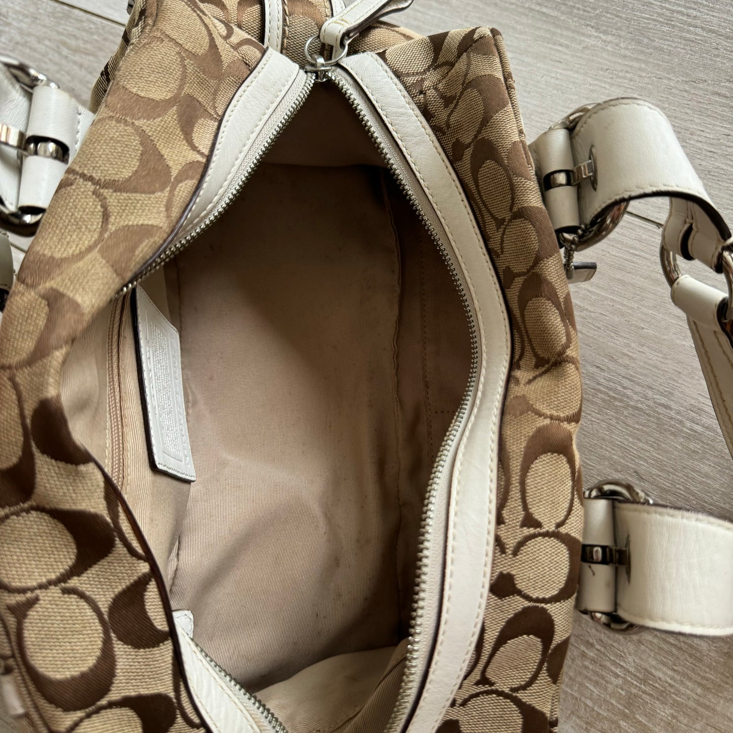 Vintage Coach Brown White Monogram Boston Shoulder Bag 10078