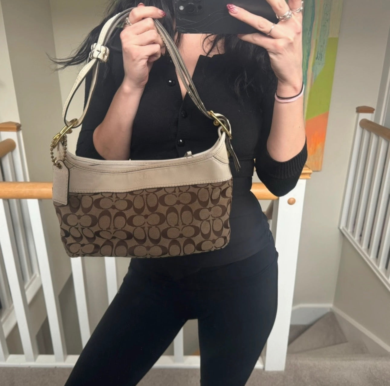 Vintage Coach Brown Monogram Leather Handle Shoulder Bag