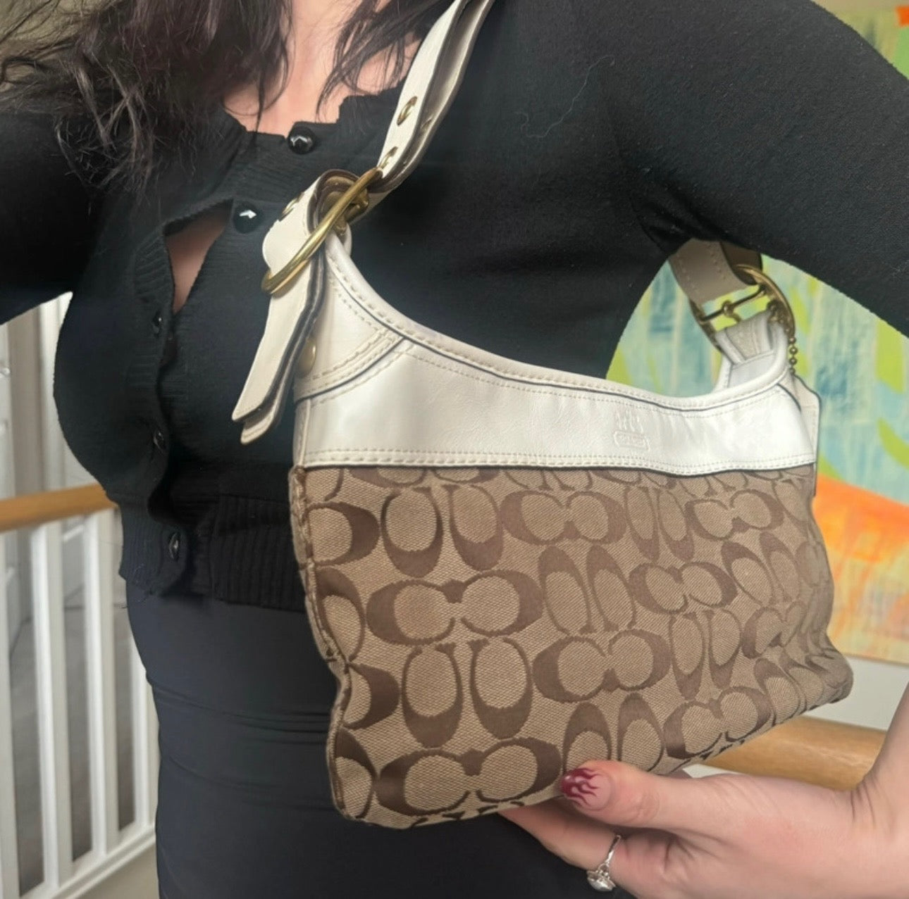 Vintage Coach Brown Monogram Leather Handle Shoulder Bag