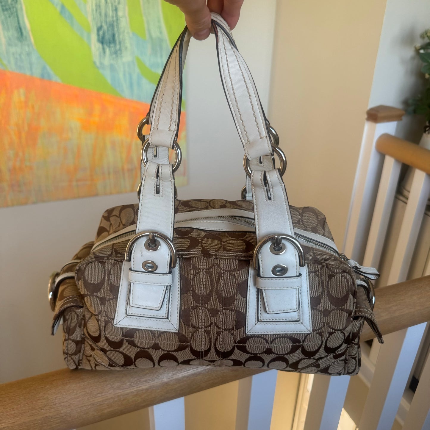 Vintage Coach Brown White Monogram Boston Shoulder Bag 10078