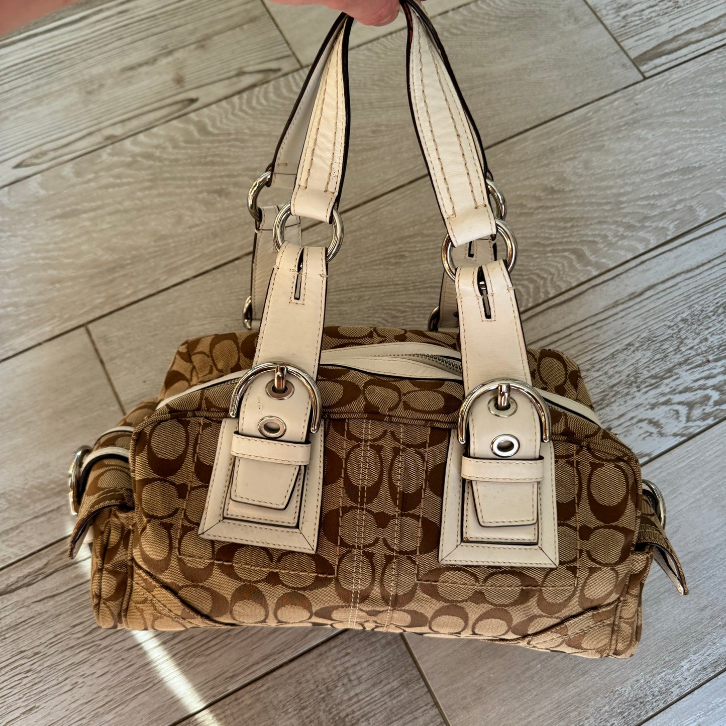 Vintage Coach Brown White Monogram Boston Shoulder Bag 10078