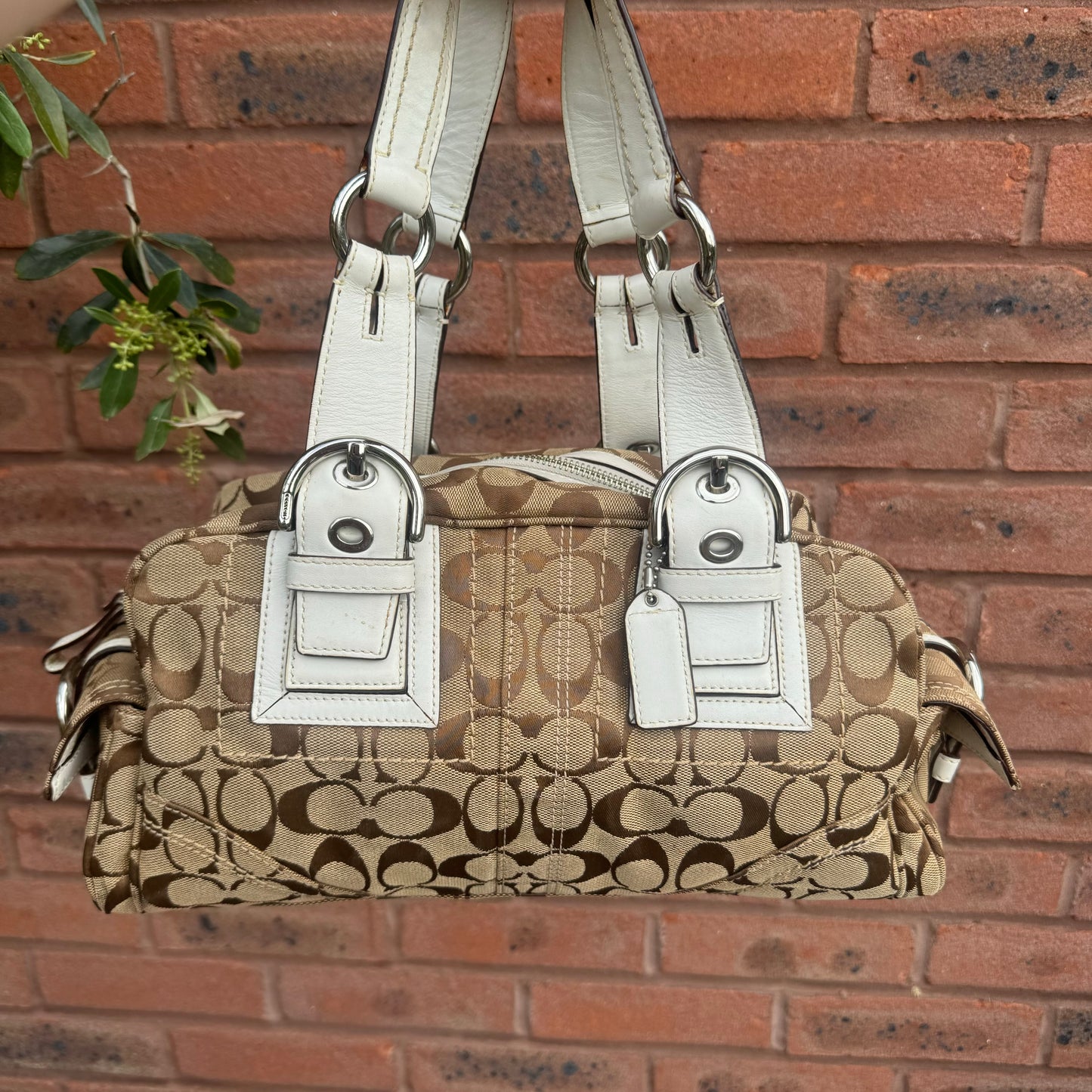 Vintage Coach Brown White Monogram Boston Shoulder Bag 10078
