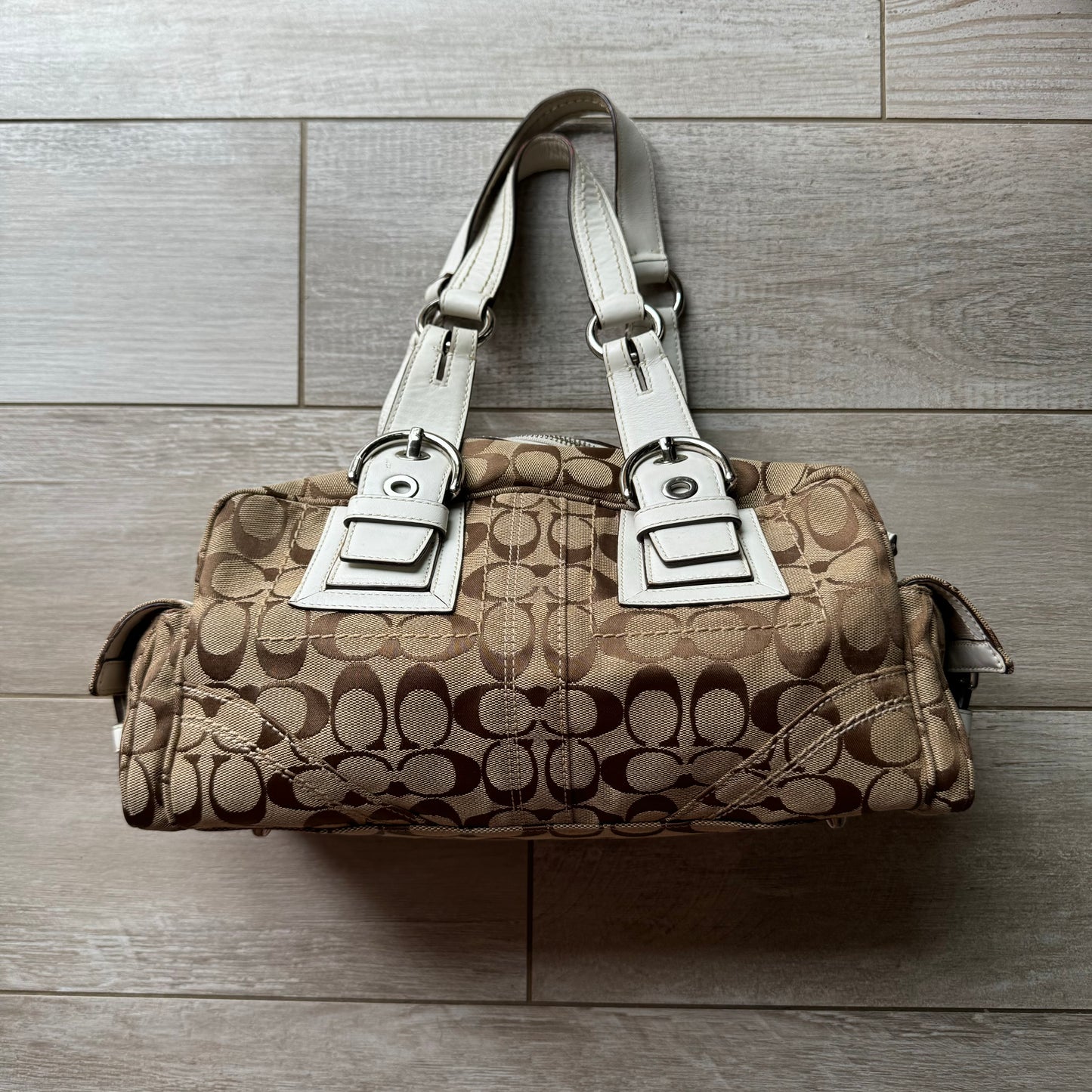 Vintage Coach Brown White Monogram Boston Shoulder Bag 10078
