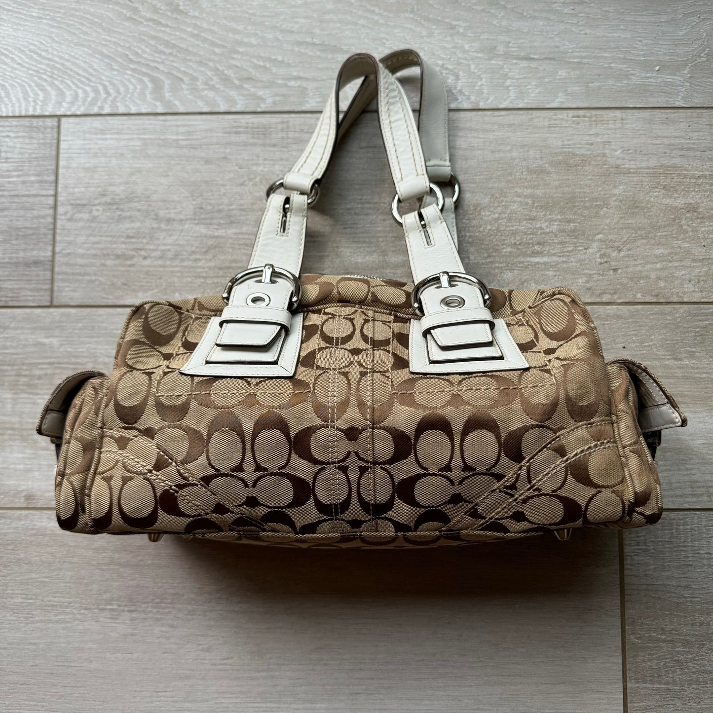 Vintage Coach Brown White Monogram Boston Shoulder Bag 10078